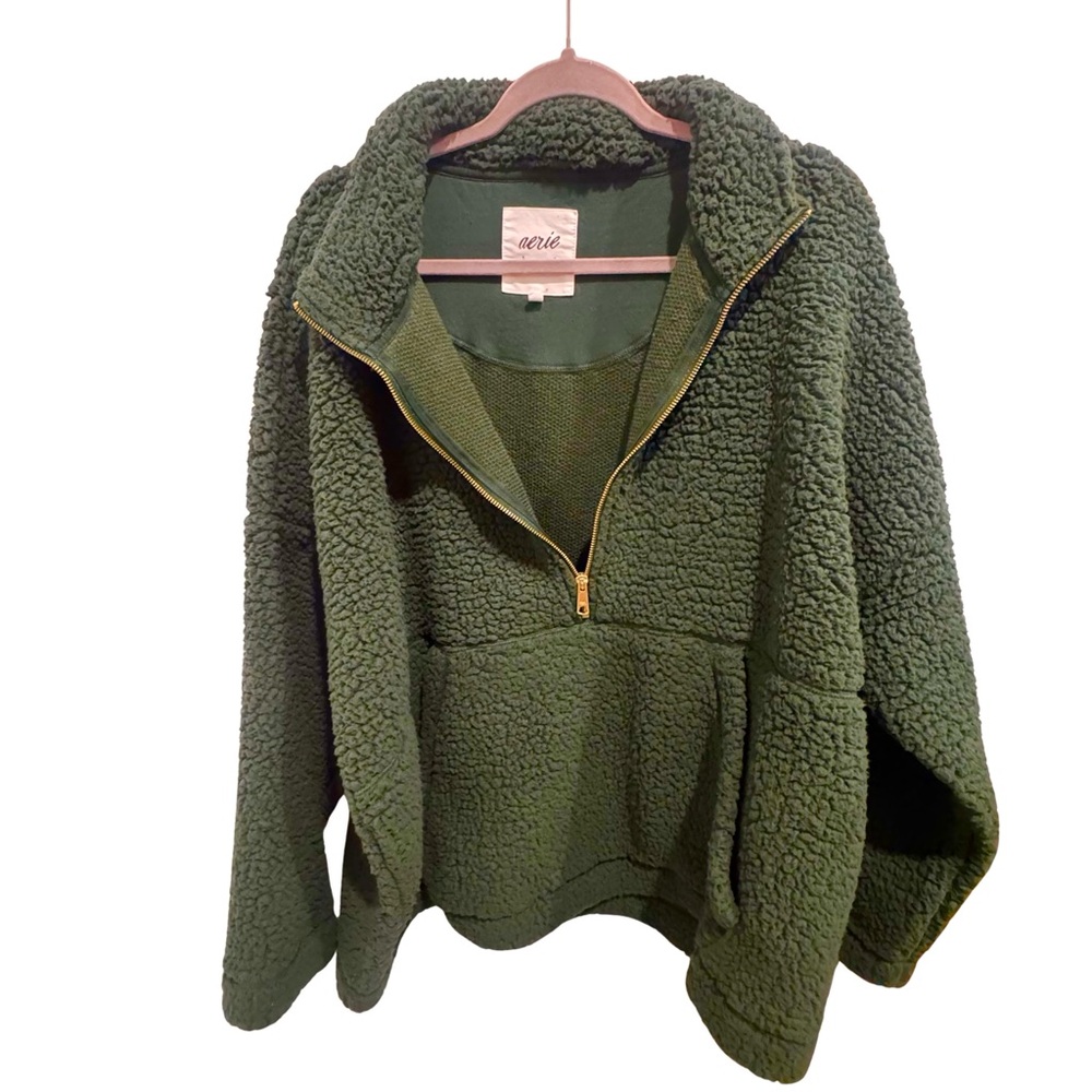 Aerie Sherpa Teddy Fleece Half Zip Pullover Hoodie Forest Green XXL Sweatshirt - Picture 2 of 7